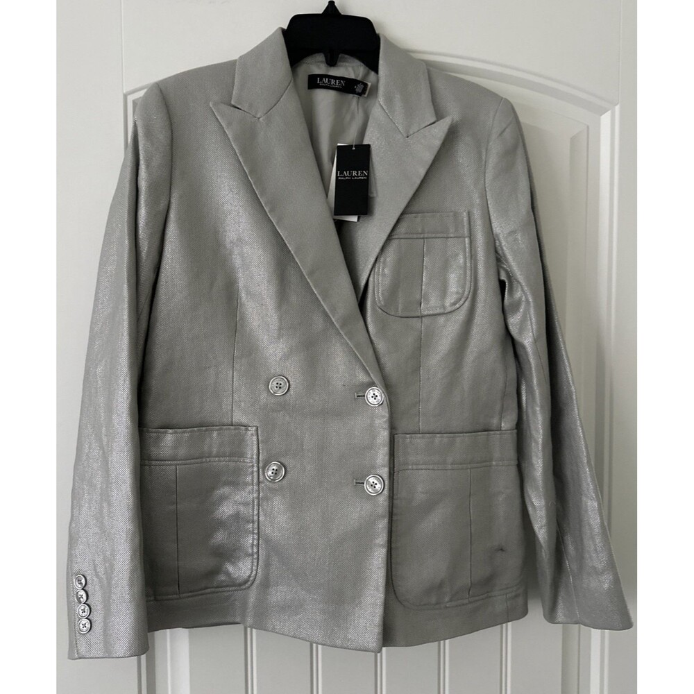 Lauren Ralph Lauren Women's Foiled Linen-Cotton Blazer Silver Foil Light Gray 6 - Picture 5 of 13
